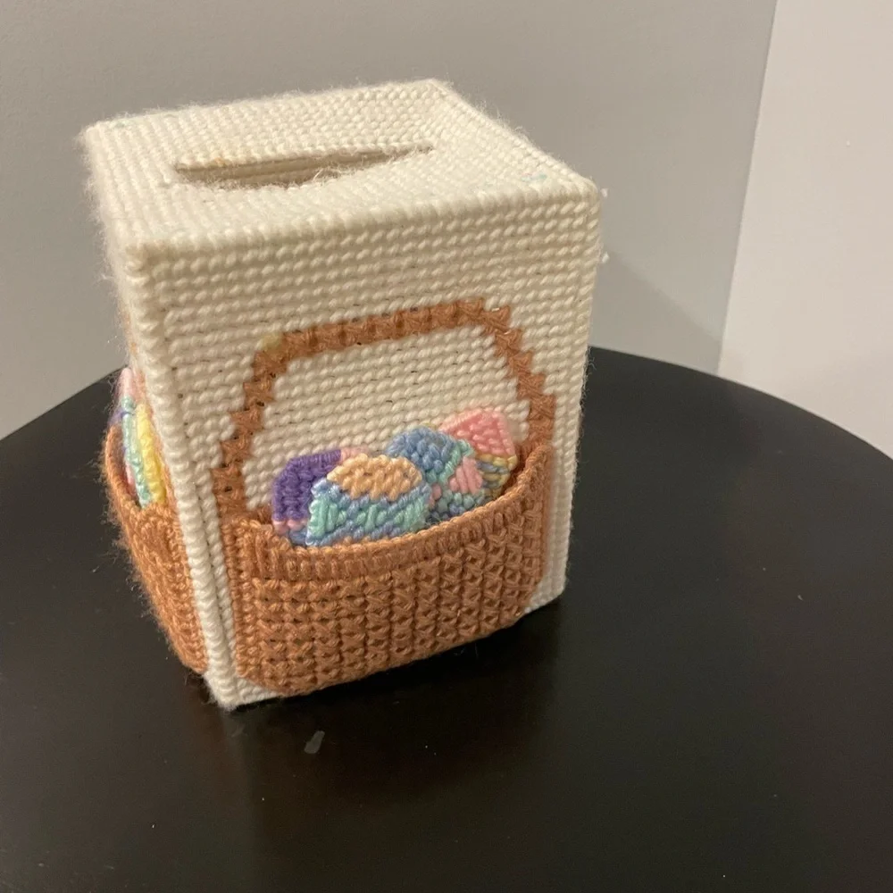 Vintage Crochet Kleenex Box with pastel Easter eggs and basket